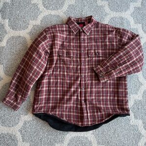 Arrow Men's XL Plaid Fleece Flannel Button-Up Shirt Burgundy Beige Black Lined